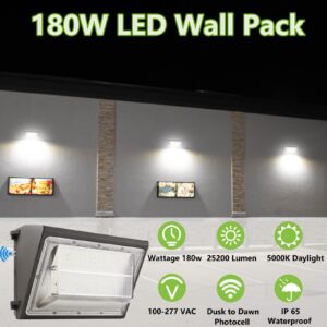 1Pack-Dusk to Dawn 180W LED Wall Pack Light Fixture, 25200LM 1500W HPS/HID Equivalent,100-277V, 5000K Daylight Commerical/Industrial Outdoor Security lighting, Waterproof for Entrance,Warehouse