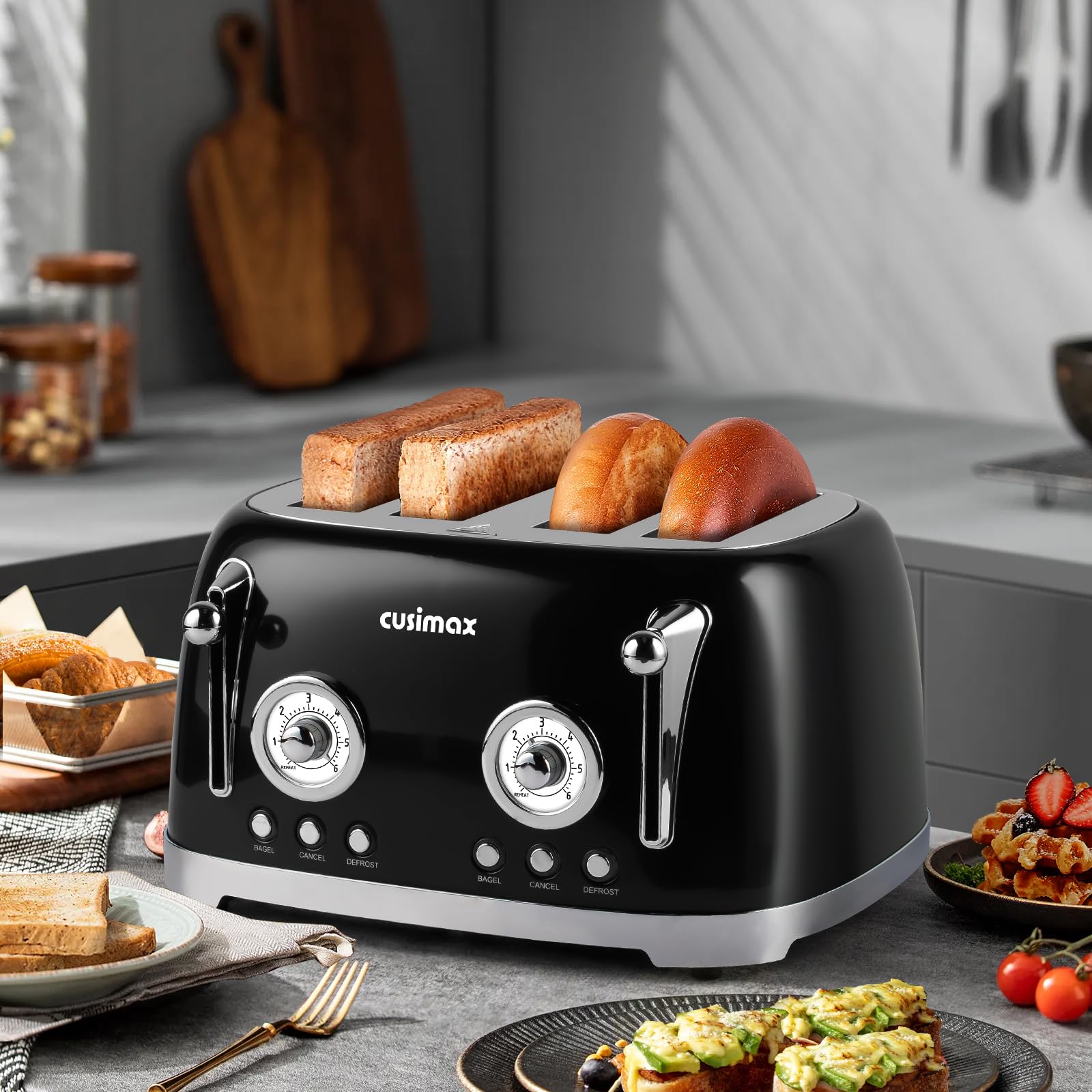 CUSIMAX Toaster 4 Slice, Retro Toaster with Wide Slots for Bagels, Stainless Steel Toaster with 6 Toast Settings, Bagel, Cancel, Defrost & Reheat Functions, Dual Independent Control Panels, Black