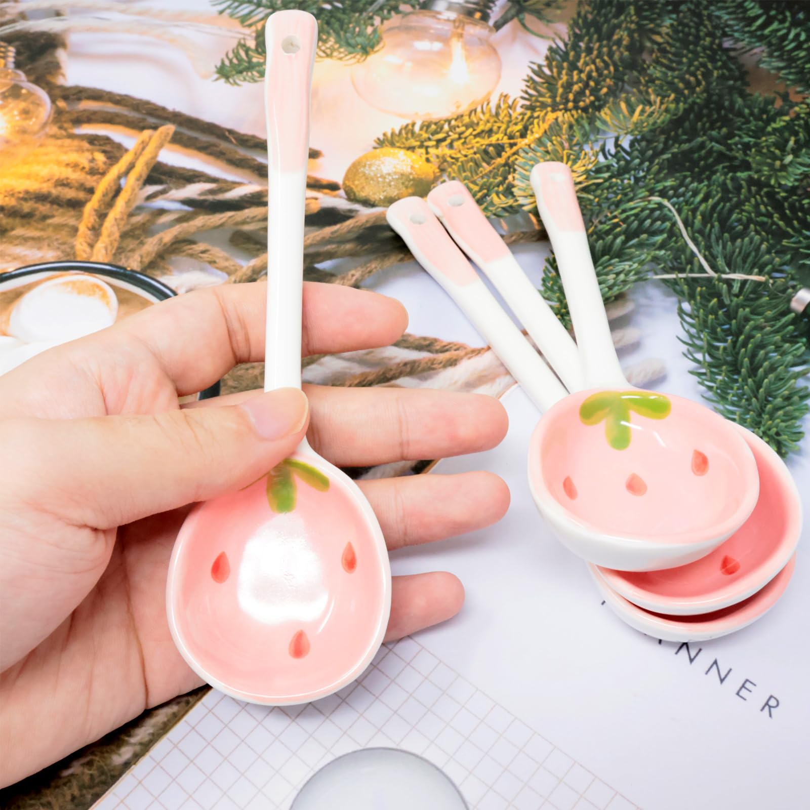 Honbay 4PCS Long Handle Ceramic Soup Spoons Strawberry Pattern Tablespoons Cute Porcelain Spoon for Breakfast Cereal Rice Yogurt Appetizers and Desserts