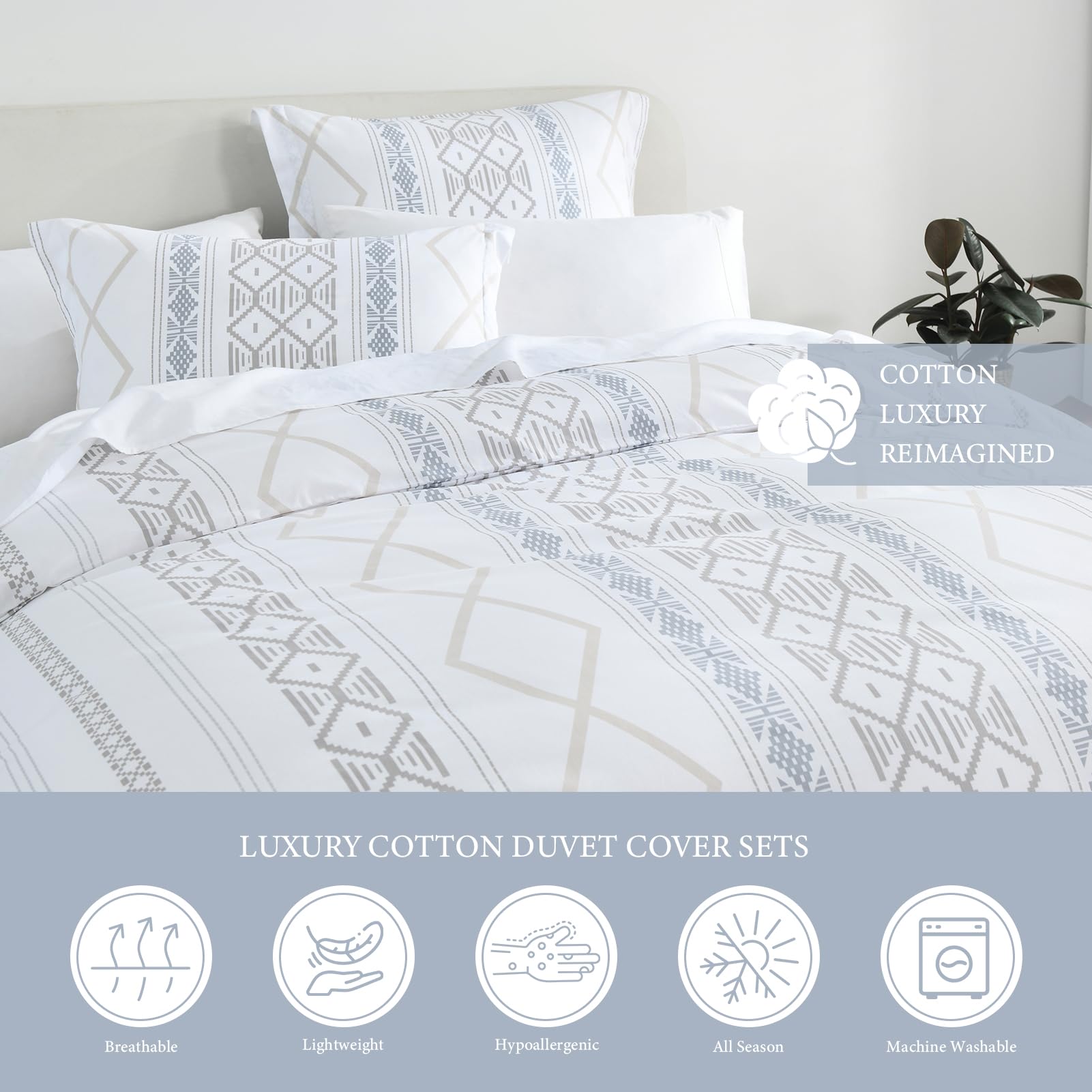 Uniclinens Geometric Duvet Cover King - Ivory White Duvet Cover Set, 100% Cotton Abstract Boho Printed Pattern Set, 3 Pcs Include 1 Duvet Cover (90”x104”) and 2 Pillow Shams (20”x36”), No Comforter