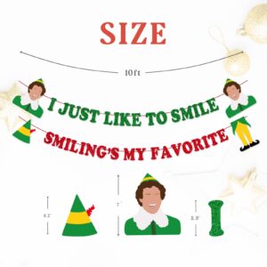 Funny Elf Christmas Decorations, Novelty Buddy The Elf Party Banner Decor Supplies, Holiday Hanging Sign for Fireplace Mantle Wall Decor, Christmas Party Photo Booth Backdrop - I Just Like to Smile