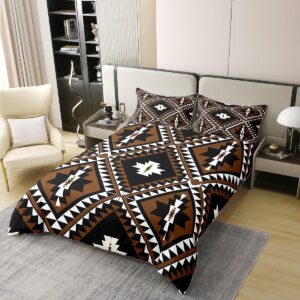 100% Cotton Rustic Western Queen Bedding Set for Men,Southwestern Aztec Comforter Cover Bohemian Duvet Cover Ethnic Mexican Style Geometric Diamond Quilt Cover Brown Black White Farmhouse Room Decor