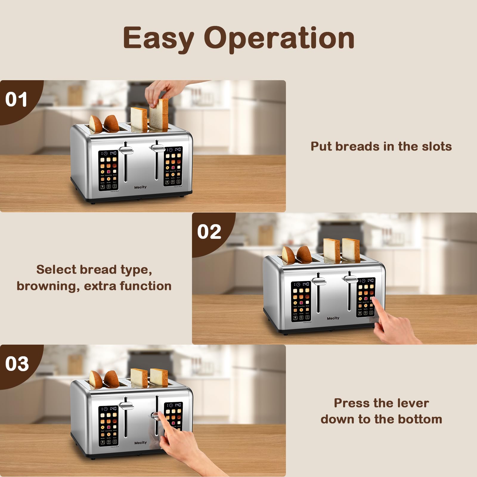 Mecity 4 Slice Toaster Touch Screen Control 4 Wide Slot, Stainless Steel Smart Bread Toaster for Bagel Muffin Waffle, Dual Control Pannel, Timer, Defrost, Reheat, 120V 1650W