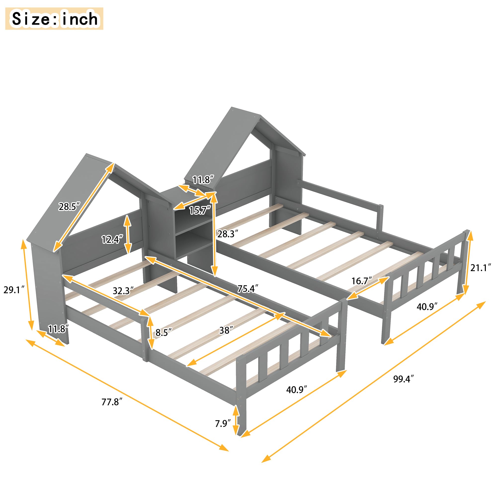 SOFTSEA Double Twin Bed Frame for Kids, Twin and Twin Bed Frame with House-Shaped Headboard and Built-in Nightstand, 2 Beds in 1 for Juniors Kids