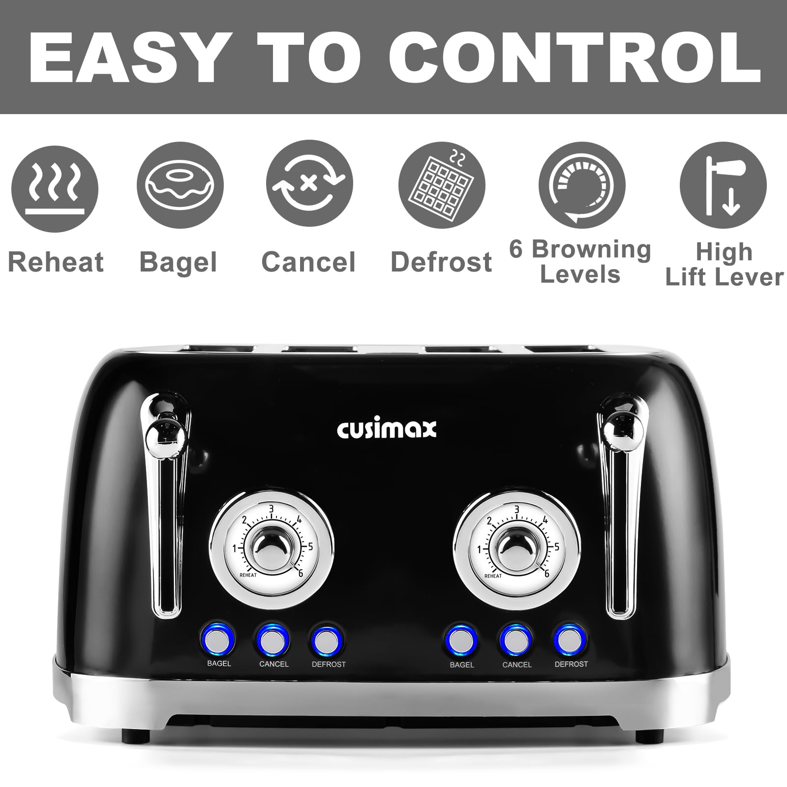 CUSIMAX Toaster 4 Slice, Retro Toaster with Wide Slots for Bagels, Stainless Steel Toaster with 6 Toast Settings, Bagel, Cancel, Defrost & Reheat Functions, Dual Independent Control Panels, Black