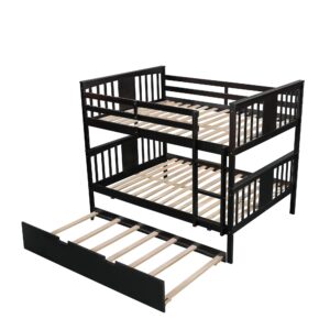 MERITLINE Bunk Bed Full Over Full Size, Wooden Full Bunk Beds with Twin Size Trundle and Ladder, Space Saving Design Bedroom Furniture (Espresso)