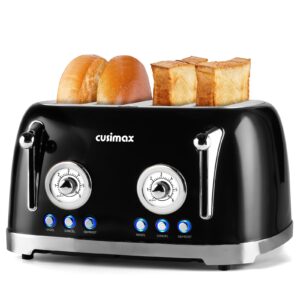 cusimax toaster 4 slice, retro toaster with wide slots for bagels, stainless steel toaster with 6 toast settings, bagel, cancel, defrost & reheat functions, dual independent control panels, black