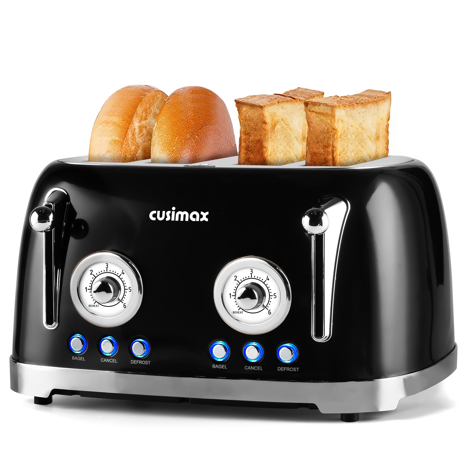 CUSIMAX Toaster 4 Slice, Retro Toaster with Wide Slots for Bagels, Stainless Steel Toaster with 6 Toast Settings, Bagel, Cancel, Defrost & Reheat Functions, Dual Independent Control Panels, Black