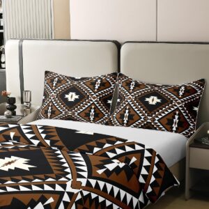 100% Cotton Rustic Western Queen Bedding Set for Men,Southwestern Aztec Comforter Cover Bohemian Duvet Cover Ethnic Mexican Style Geometric Diamond Quilt Cover Brown Black White Farmhouse Room Decor