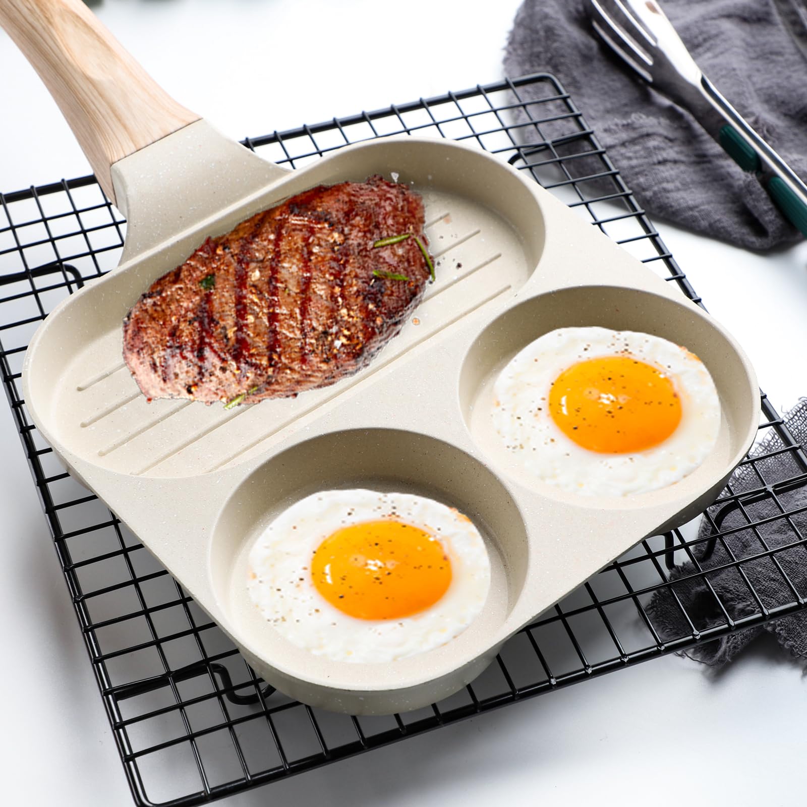 Egg Pan Japanese Omelet Maker 3 Section Square Grill Pan Egg Pan Nonstick for Breakfast Pancake Compatible with Gas Stove and Induction Cooktop Egg Frying Pan 7.4 inch (white) (Style1)