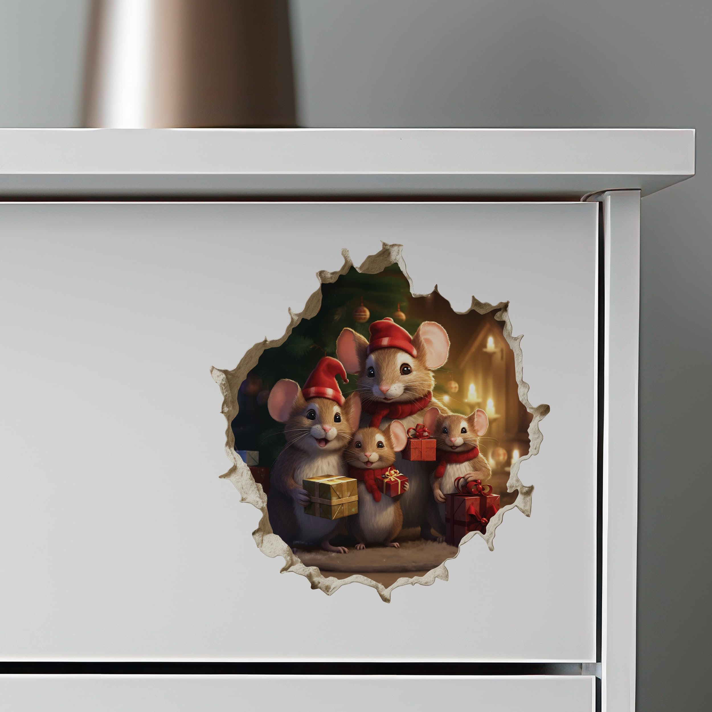 Christmas Family Mouse Hole Decal - Holidy Mice Sticker with 3D Effect