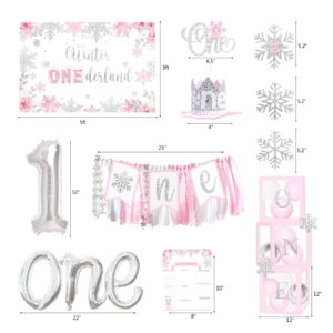 Winter Onederland Birthday Decorations, Winter Onederland 1st Birthday Decorations for Girl, Winter Onederland First Birthday Decor, Snowflake Photo Banner Highchair Banner Balloon Garland Balloon Box