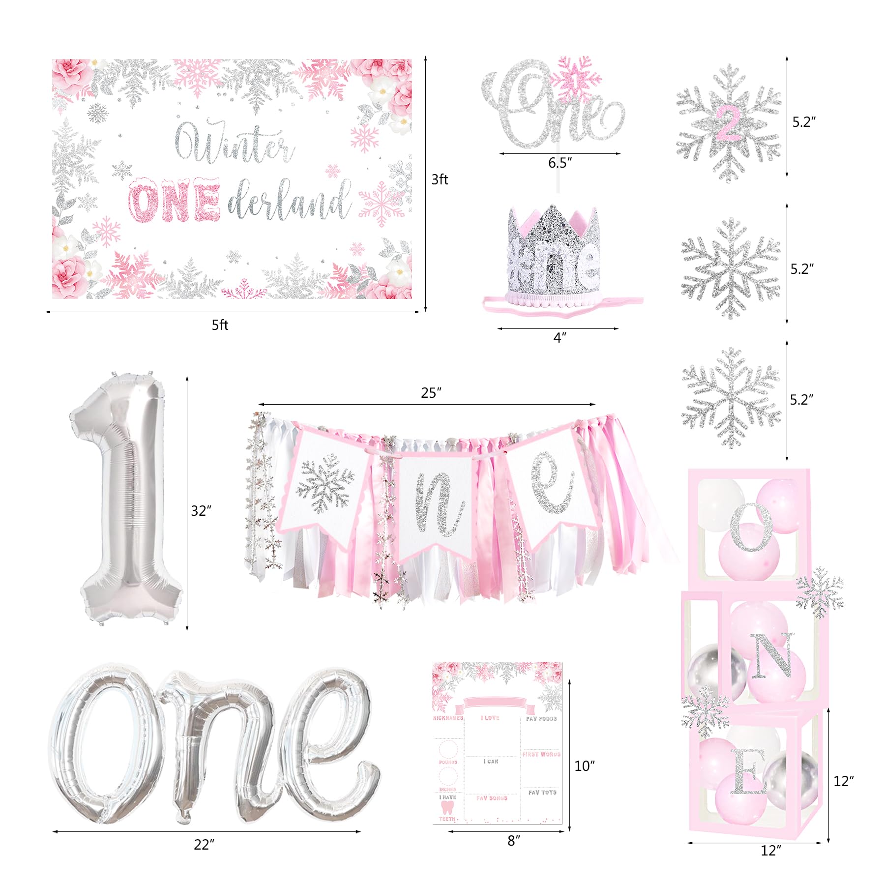 Winter Onederland Birthday Decorations, Winter Onederland 1st Birthday Decorations for Girl, Winter Onederland First Birthday Decor, Snowflake Photo Banner Highchair Banner Balloon Garland Balloon Box