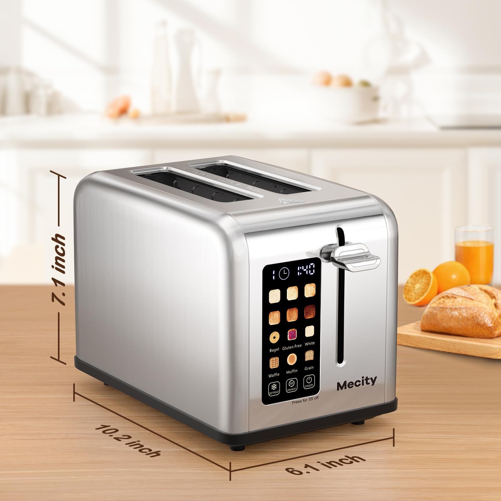 Mecity 2 Slice Toaster Touch Screen 1.5" Wide Slot, Stainless Steel Smart Bread Toaster for Bagel Muffin Waffle Gluten Free Breads, Timer, Defrost, Reheat, 120V 825W