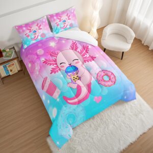 HOSIMA Axolotl Twin Comforter Set Cute Animal Bedding Room Decor for Teen Girls Dessert Milk Tea Donut Bed Princess Toddler Bedding Set Fantasy Blue Purple Twin Bed in a Bag Sets for Adults Teens.