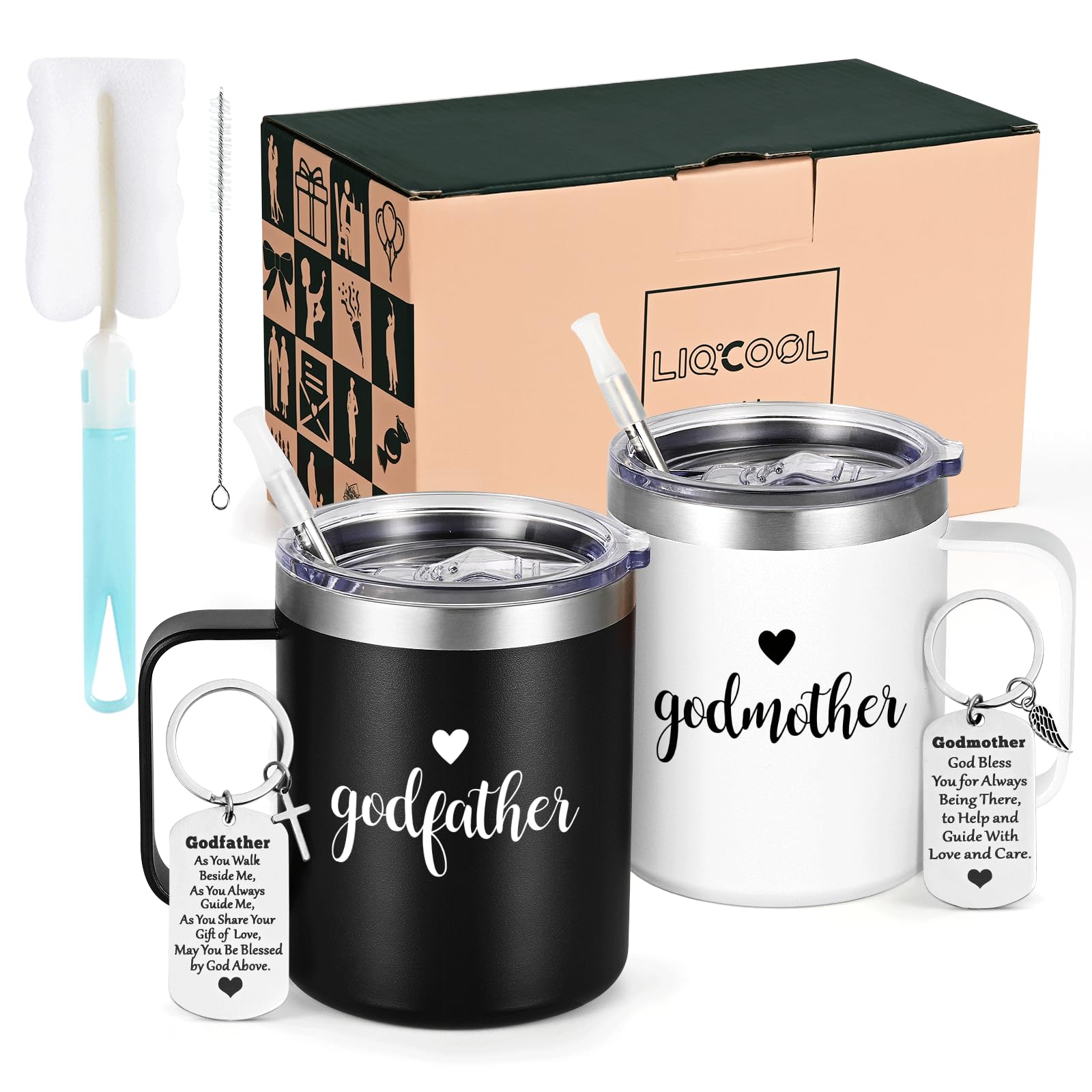 LiqCool Godparents Proposal Gift, Godmother & Godfather Mug Set with Keychain, Godparents Gift for Godmother Godfather, Will You be My Godparents Proposal, Christmas Baptism 12 Oz Black & White