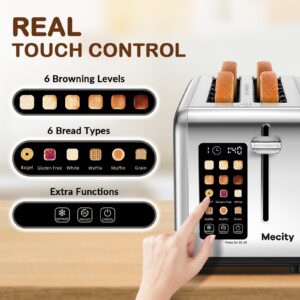 Mecity 4 Slice Toaster Touch Screen 1.5" Long Slot, Stainless Steel Smart Bread Toaster for Bagel Muffin Waffle Gluten Free Breads, Timer, Defrost, Reheat, 120V 1400W