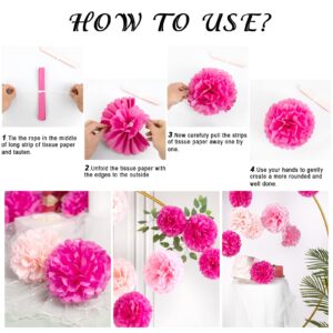 Hot Pink Tissue Pom Poms Paper Flowers Hanging Decorations Pink Flower Ball for Baby Shower Wedding Nursery Birthday Party Backdrop Home Outdoor