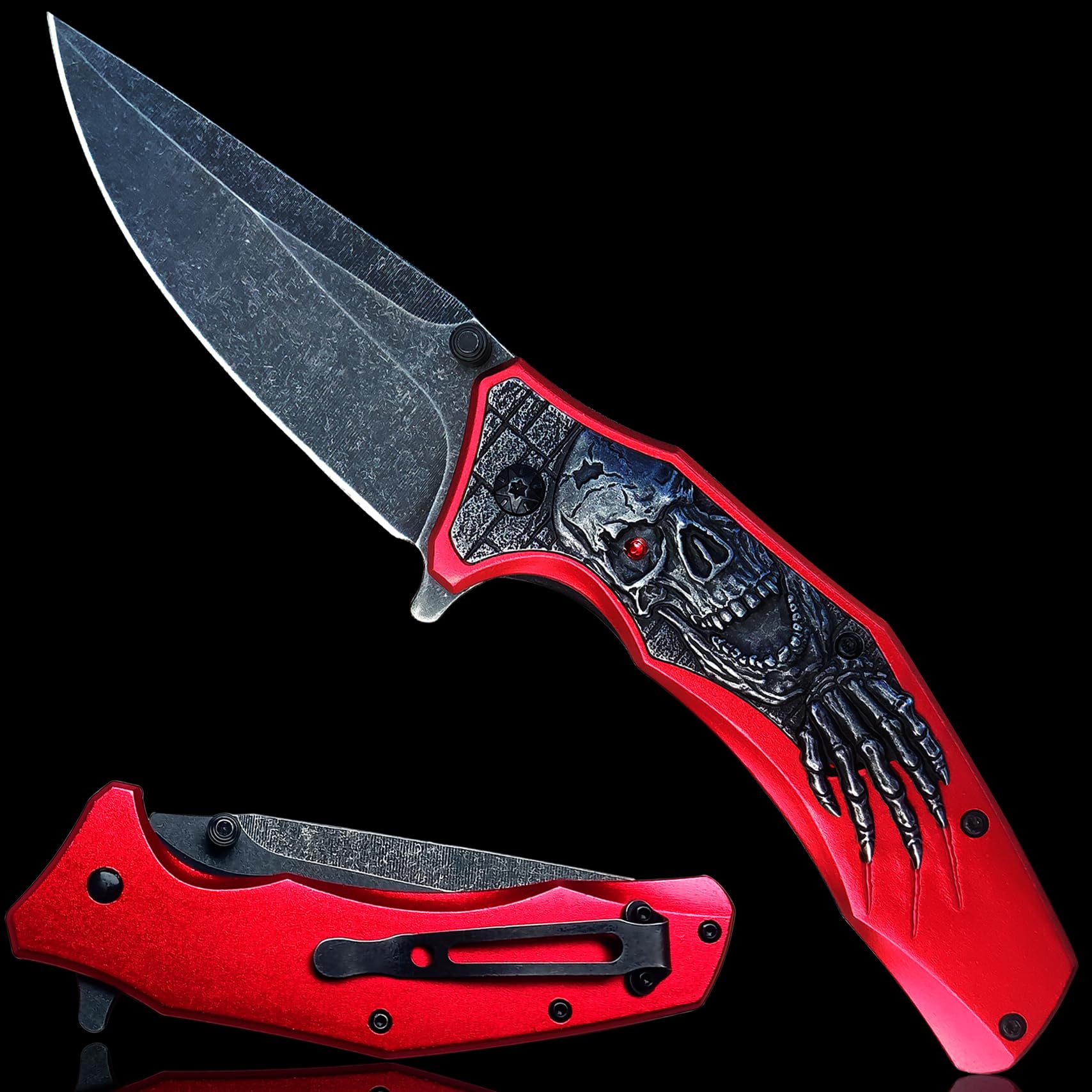 MADSMAUG Pocket Knife, Cool Pocket Folding Knife with 3D Embossed SKULL patterns, Great festival Halloween Christmas Gift EDC knife For Men Outdoor Survival Camping (Red)