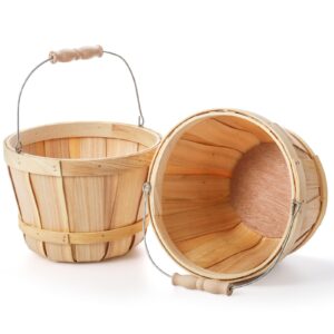 Okllen 2 Pack Round Wooden Baskets with Handle, Empty Wood Fruit Buckets, Fall Harvest Basket for Display Fruits Vegetables, Home Garden and Party Supplies, Natural Color