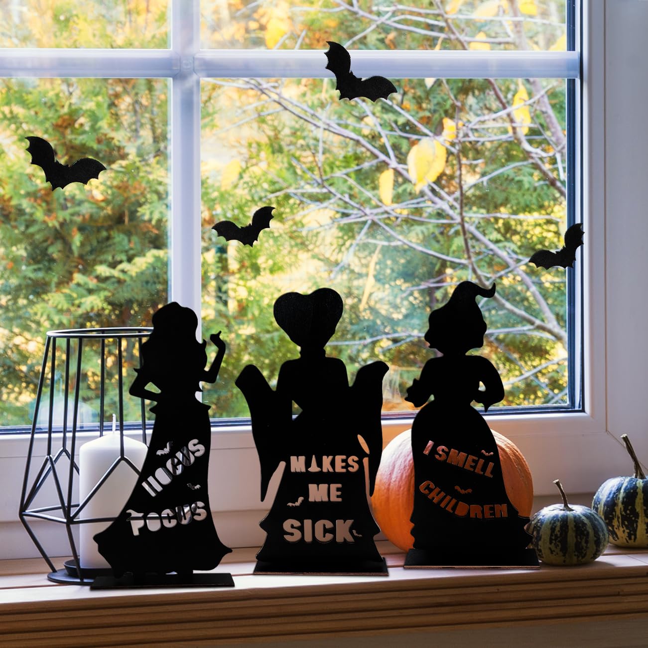 3Pcs Hocus Pocus Wooden Table Centerpieces, Hocus Pocus Halloween Decoration Silhouette Witch Signs Decor, I Smell Children &Makes Me Sick Halloween Wooden Signs