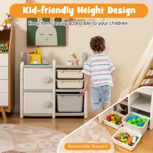 HONEY JOY Kids Toy Storage Organizer with Bins, Toddler Toy Chest & Bookshelf with Enclosed Cabinets & Pull-out Drawers, Multipurpose Storage Bookcase Cabinet for Playroom, Bedroom, Kindergarten, Gray