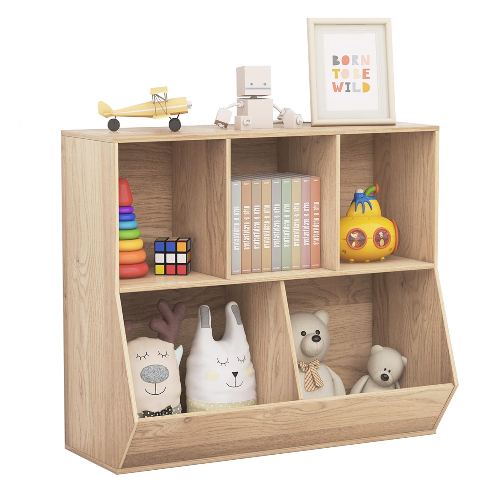 CLEEMAN Kids Bookshelf and Toy Organization,5 Cubby Open Wooden Playroom Organization and Storage, Toddler Bookshelf for Kid’s Room Bedroom Nursery