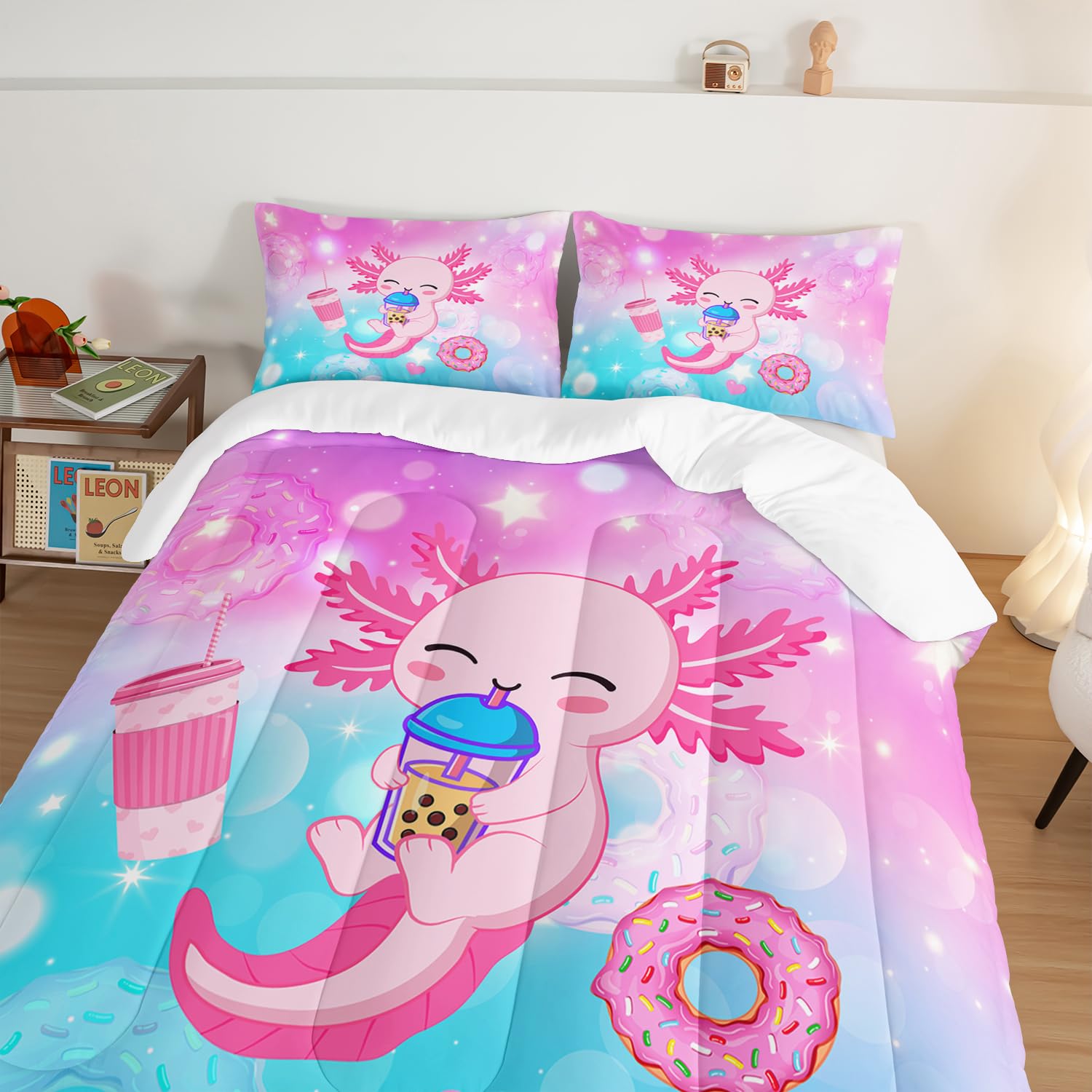 HOSIMA Axolotl Twin Comforter Set Cute Animal Bedding Room Decor for Teen Girls Dessert Milk Tea Donut Bed Princess Toddler Bedding Set Fantasy Blue Purple Twin Bed in a Bag Sets for Adults Teens.