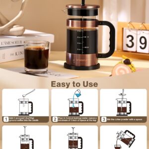 French Press Coffee Maker - 34 Ounce Classice Stainless Steel Coffee Press with 4-Level Filtration System, Heat Resistant Thickness Borosilicate Glass French Press Coffee Pot for Camping Travel Gift