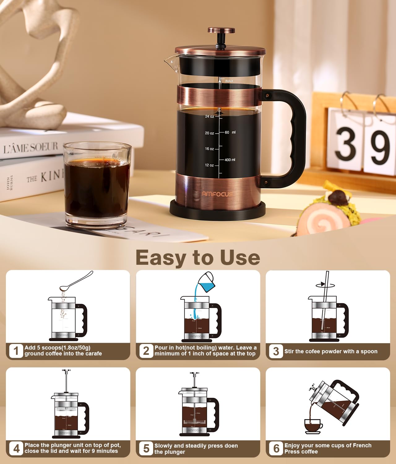 French Press Coffee Maker - 34 Ounce Classice Stainless Steel Coffee Press with 4-Level Filtration System, Heat Resistant Thickness Borosilicate Glass French Press Coffee Pot for Camping Travel Gift