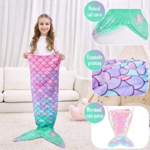 WERNNSAI Mermaid Tail Blanket for Girls Kids - Mermaid Wearable Blankets with Sequin Coin Purse All Seasons Mermaid Tails Sleeping Bags Soft Flannel Snuggle Blanket Birthday Gift Set (Pink & Green)