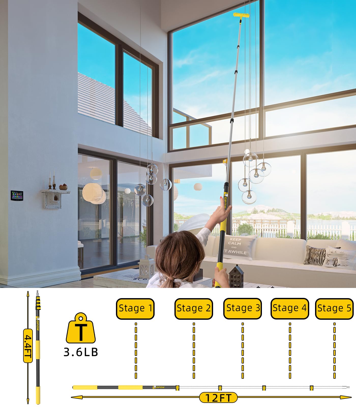 4.5-18FT Telescopic Extension Pole, 24 FT Reach Multi-Purpose Telescoping Pole with Universal Twist-on Metal Tip, Lightweight and Sturdy Extendable Pole for High House Cleaning, Dusting and Painting