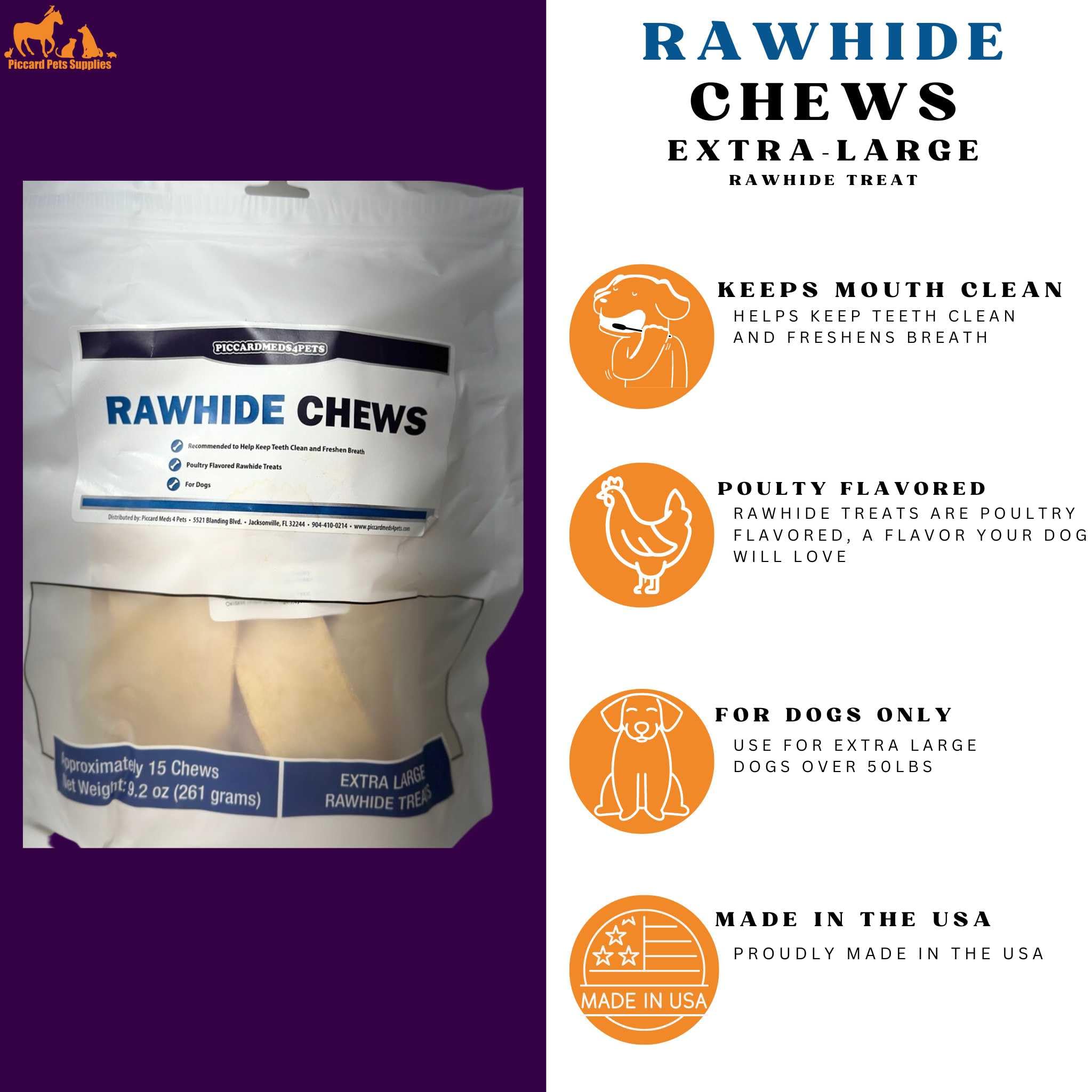 PICCARDMEDS4PETS Rawhide Dental Chews, Poultry Flavored Treats for LG Dogs 26lbs-50lbs.