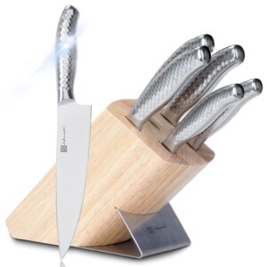 hanmaster kitchen knife set, one-piece stainless steel knife sets for kitchen with block, 6 pieces solid natural wood knife block set, box packed, silver.