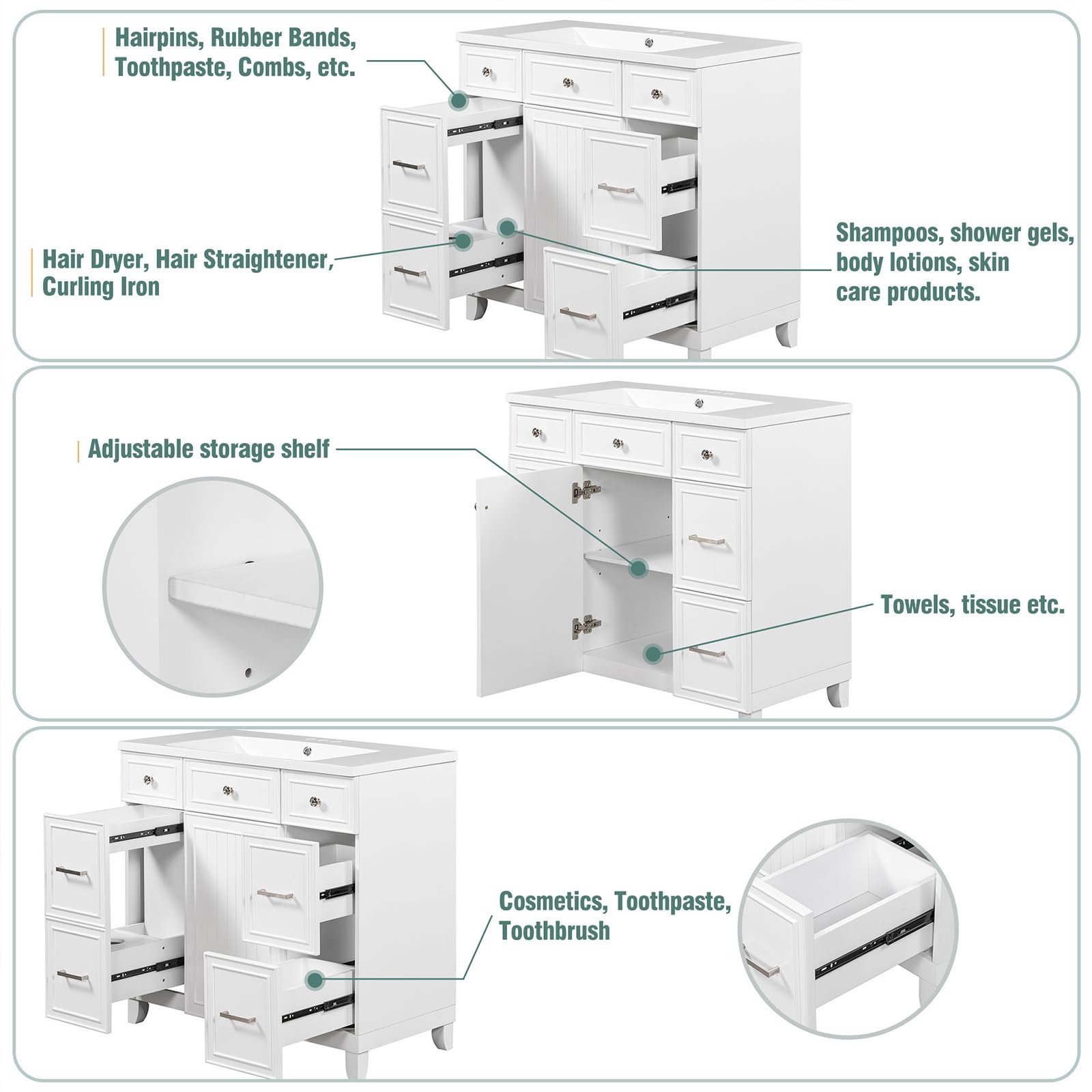 LVTFCO 36 Inch Modern Bathroom Vanity and Sink Combo,Freestanding Wood Bathroom Storage Cabinet Set with Soft Close Door and 3 Storage Drawers for Apartment Dorm Contemporary Bath (White)