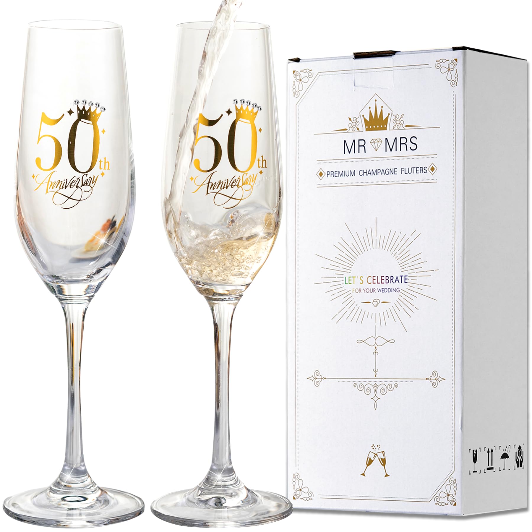 50th Wedding Anniversary Champagne Flutes Gifts 50th Anniversary Decorations Champagne Glasses Embellished with Rhinestones Couple Wedding Gifts for Anniversary, Gifts for Parents Anniversary