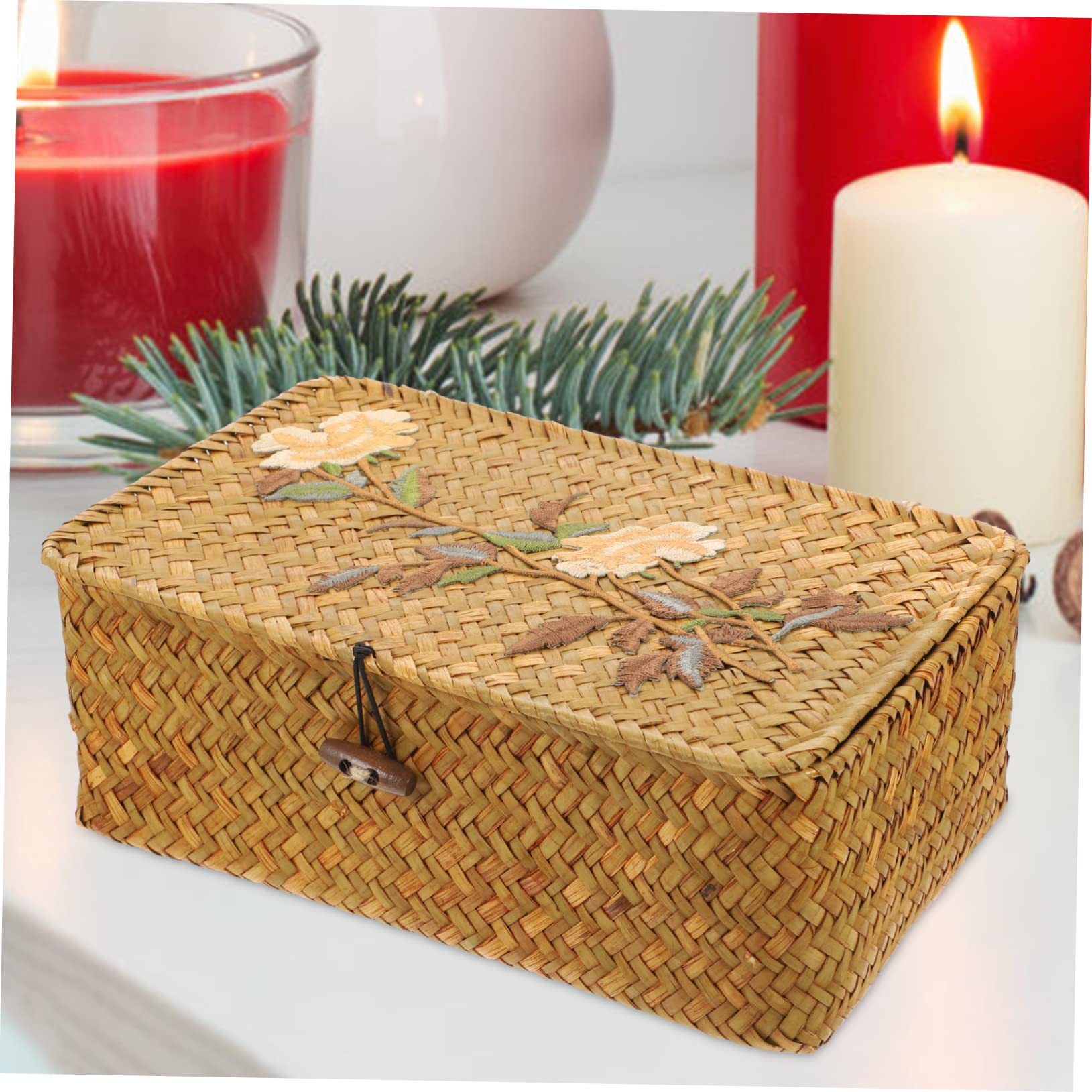 Straw Embroidery Box Rattan Storage Basket Seagrass Storage Basket Bins Wicker Storage Baskets with Lids Laundry Baskets with Lid Desktop Toy Case Container Iron With Cover