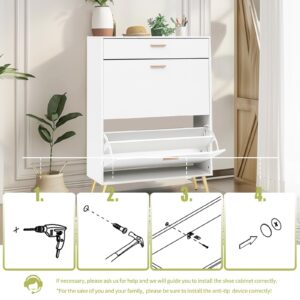 KUMIUNION Shoe Storage Cabinet with 2 Flip Drawers&1 Drawer, Slim Freestanding Storage Racks for Entryway, Hallway, Hidden Narrow Shoe Organizers Perfect for Heels, Boots, Slippers, White