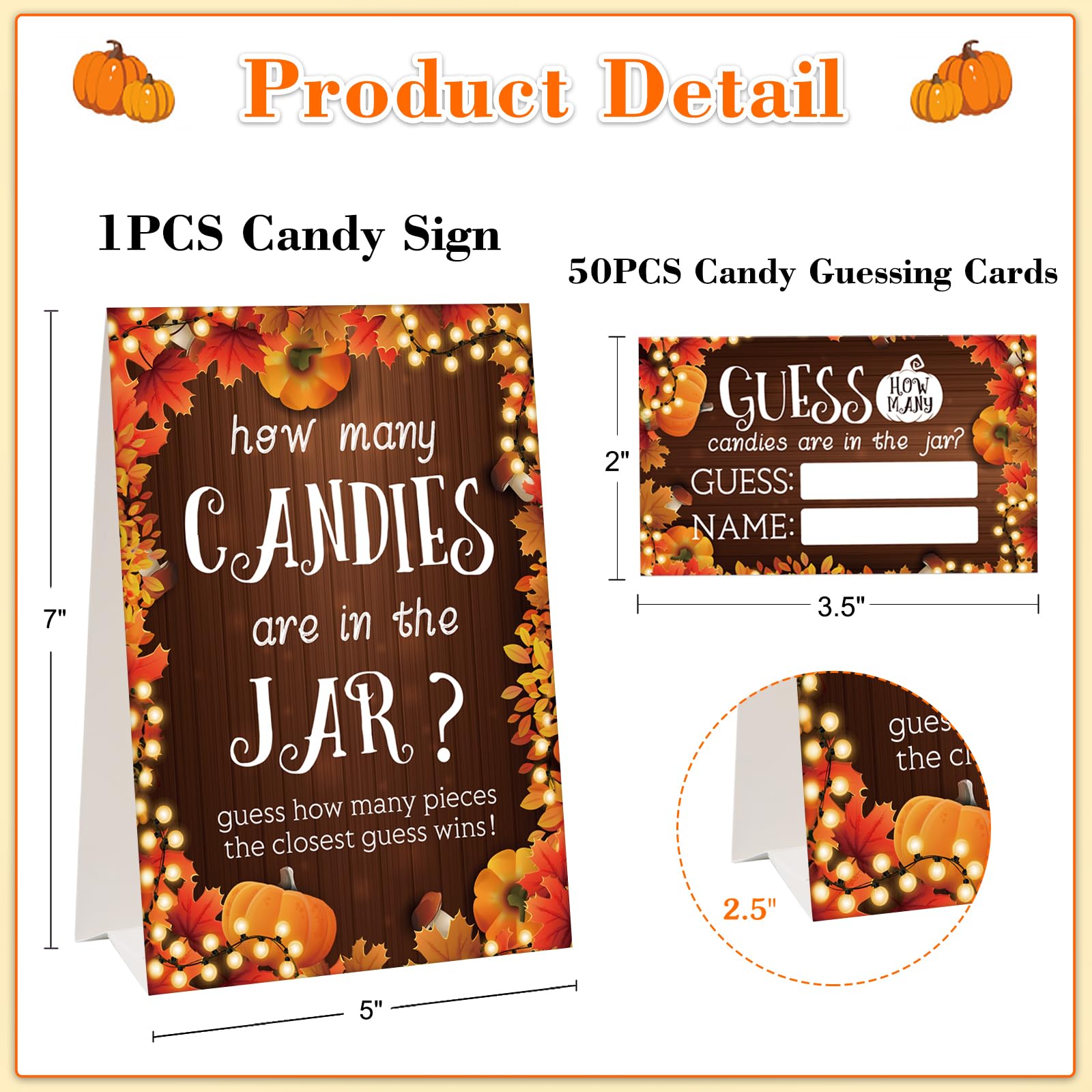 FaCraft Guess How Many Candies Are in the Jar 50PCS Fall Pumpkin Baby Shower Candies Guessing Game Cards for Thanksgiving Fall Halloween Bridal Shower Baby Shower Party Game Favor Supplies Decorations