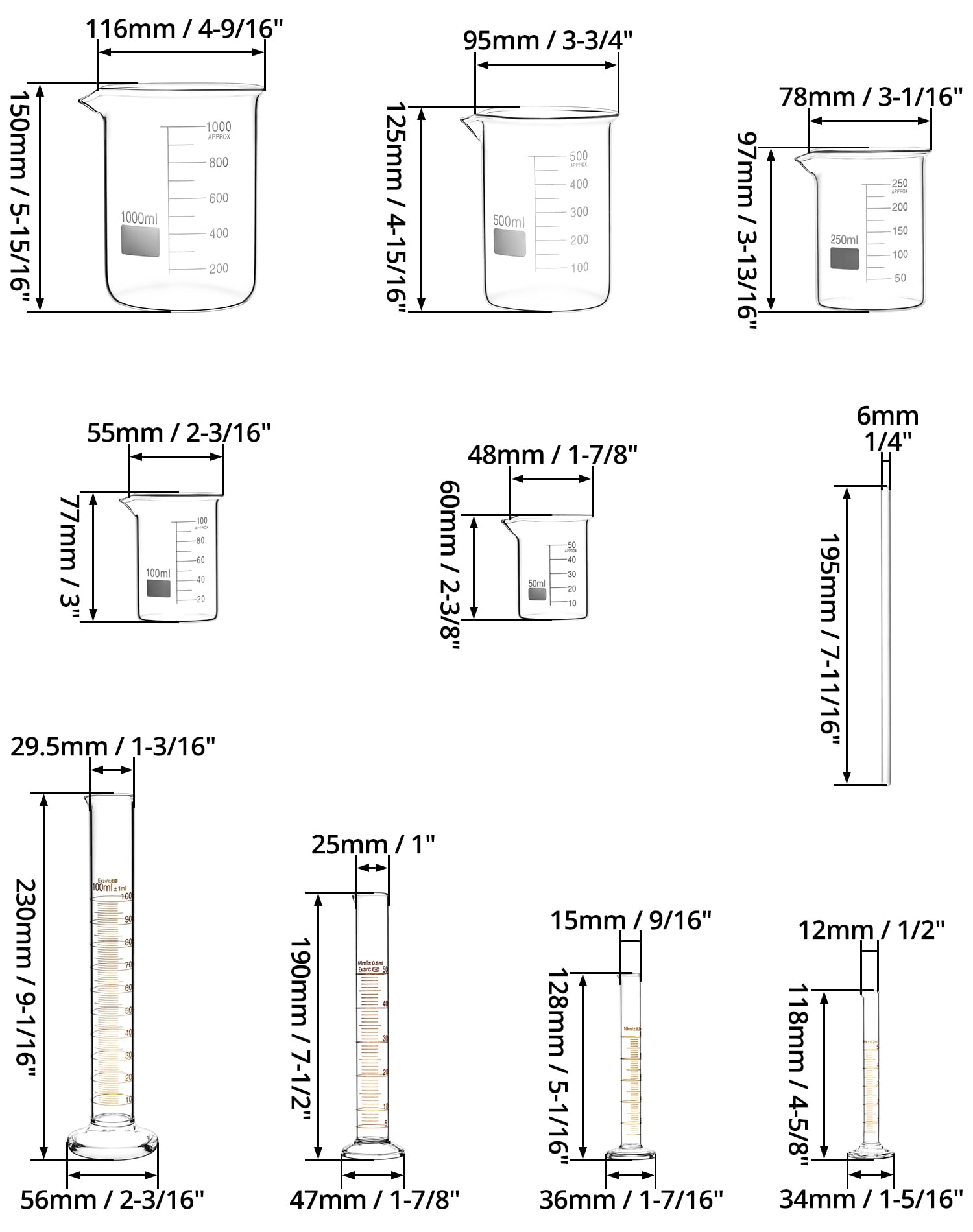 QWORK Thick Glass Measuring Beaker and Graduated Cylinder Set - Perfect for Science Labs, School Projects, and Home Labs, 50/100/ 250/500/ 1000 ml Beakers and 5/10/ 50/100 ml Cylinders