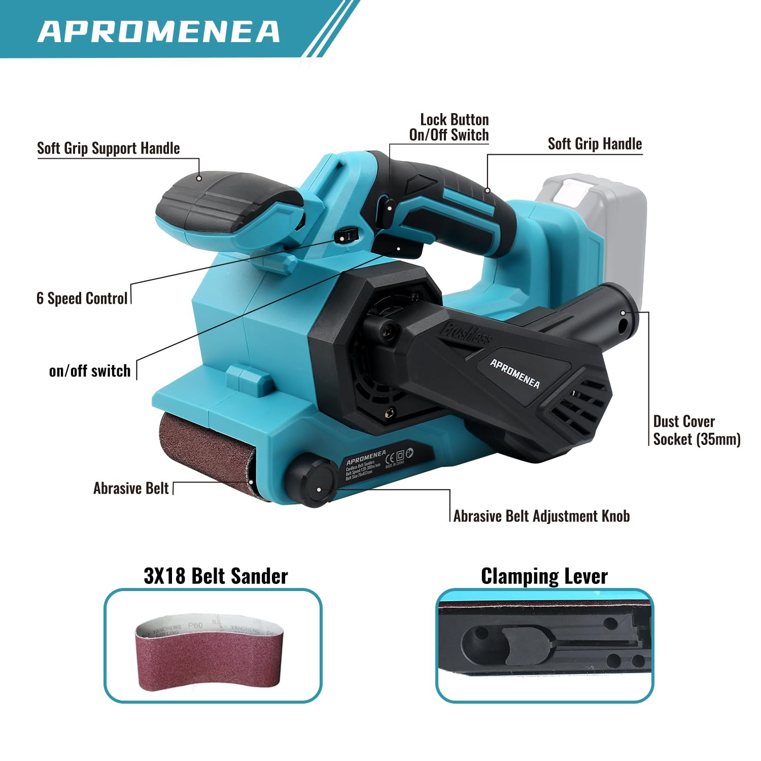 Cordless Belt Sander,18 Inch for Makita Battery 18V, Brushless Electric Power Belt Sander with 6 Variable-speed,Portable Handheld Belt Sander Professional Polishing Tool for Rust Removal,Woodworking