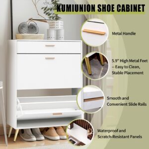 KUMIUNION Shoe Storage Cabinet with 2 Flip Drawers&1 Drawer, Slim Freestanding Storage Racks for Entryway, Hallway, Hidden Narrow Shoe Organizers Perfect for Heels, Boots, Slippers, White