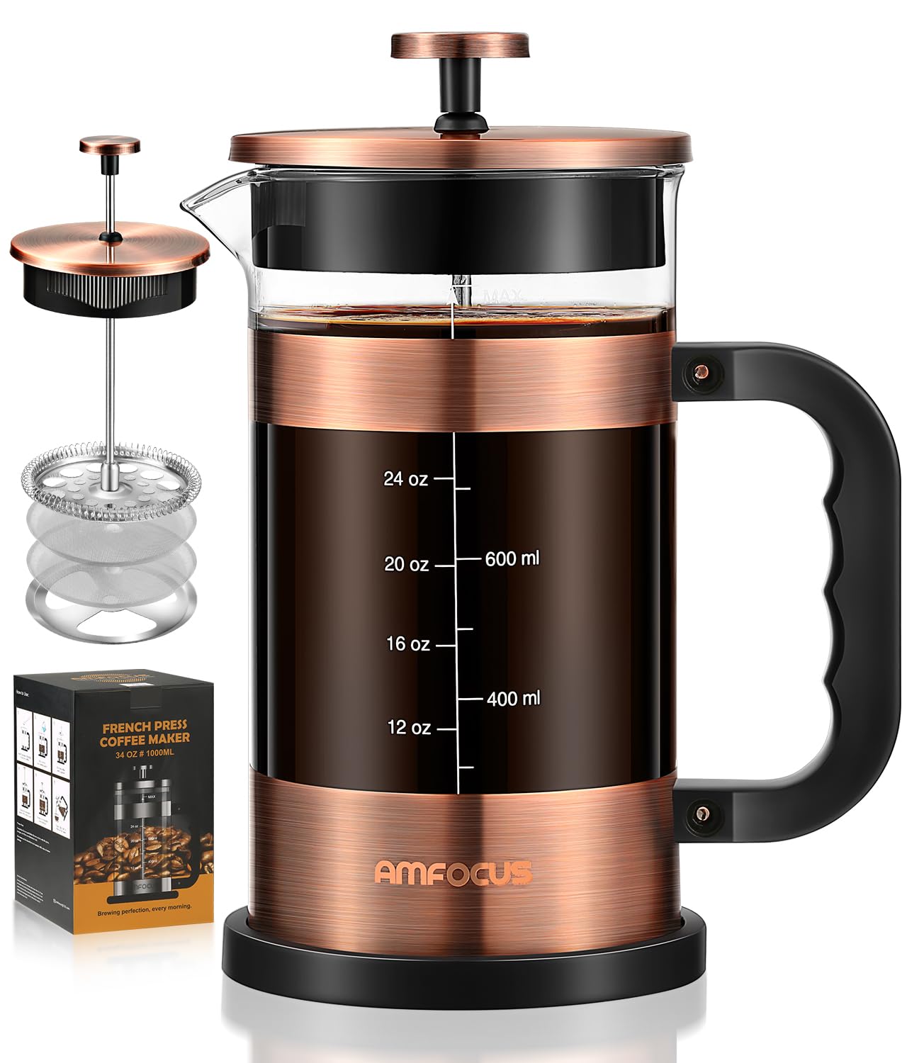 French Press Coffee Maker - 34 Ounce Classice Stainless Steel Coffee Press with 4-Level Filtration System, Heat Resistant Thickness Borosilicate Glass French Press Coffee Pot for Camping Travel Gift