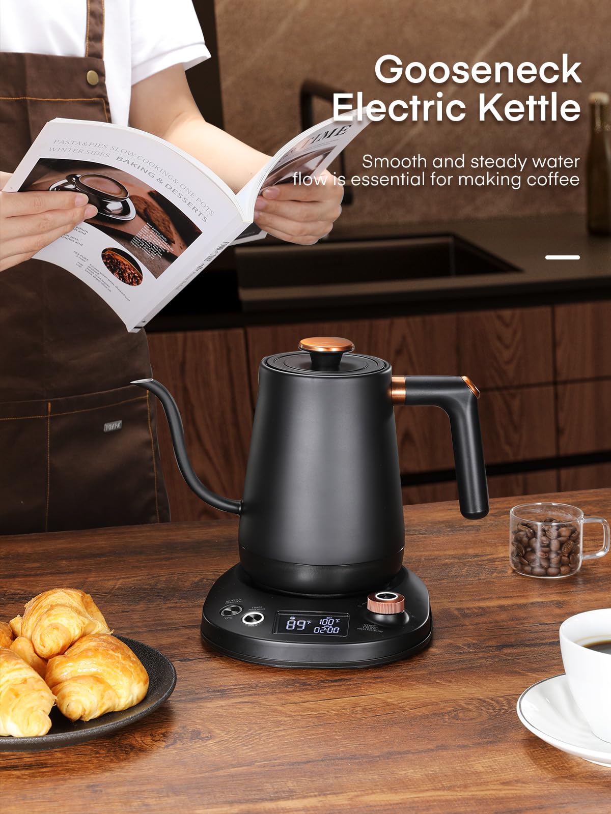 Electric Gooseneck Kettle, Tea Kettle ±1℉ Temperature Control, 0.8L Pour Over Electric Kettle for Coffee & Tea, Hot Water Boiler, Stainless Steel Inner, 1200W Rapid Heating,LCD Display,Matte Black