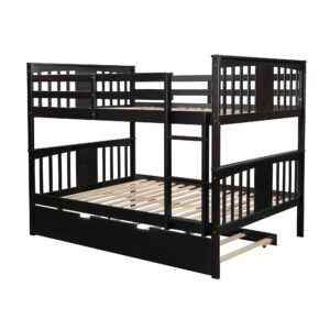 MERITLINE Bunk Bed Full Over Full Size, Wooden Full Bunk Beds with Twin Size Trundle and Ladder, Space Saving Design Bedroom Furniture (Espresso)