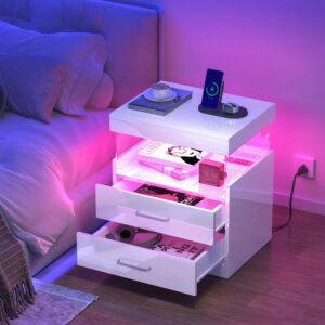 DMIDYLL High Glossy LED Nightstand, White Night Stand with Charging Station and LED Lights, Wood Night Stand with Drawers & Open Shelf, Smart Nightstand for Bedroom