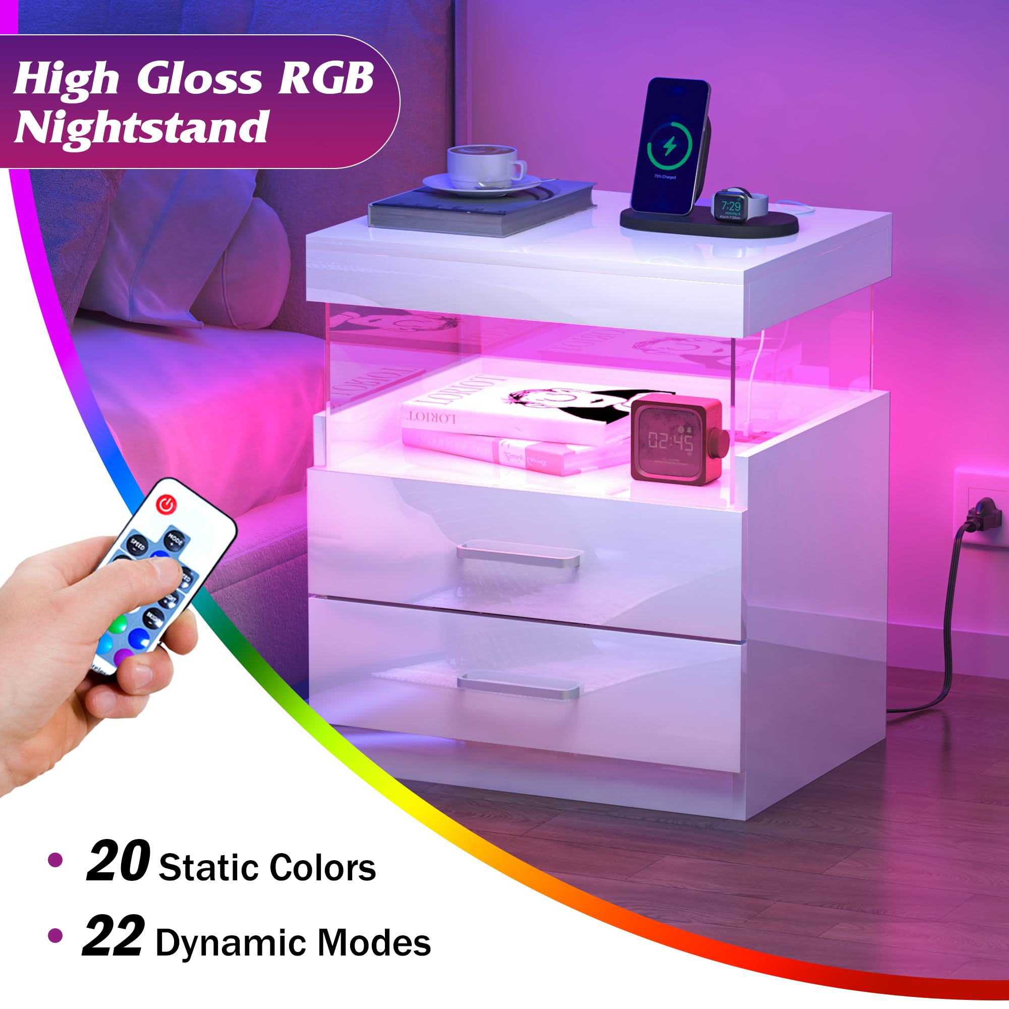 DMIDYLL High Glossy LED Nightstand, White Night Stand with Charging Station and LED Lights, Wood Night Stand with Drawers & Open Shelf, Smart Nightstand for Bedroom