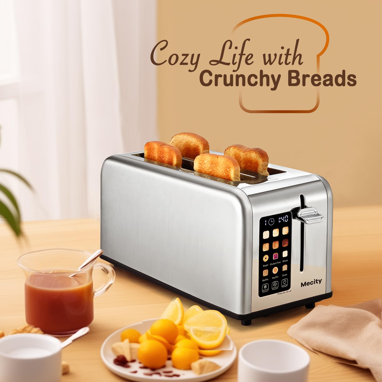 Mecity 4 Slice Toaster Touch Screen 1.5" Long Slot, Stainless Steel Smart Bread Toaster for Bagel Muffin Waffle Gluten Free Breads, Timer, Defrost, Reheat, 120V 1400W