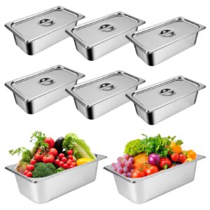 8 packs stainless steel hotel pans with lids 1/4 size x 6" deep steam table pan commercial food storage containers stackable metal steamer pan anti-jam hotel pan restaurant warm pans