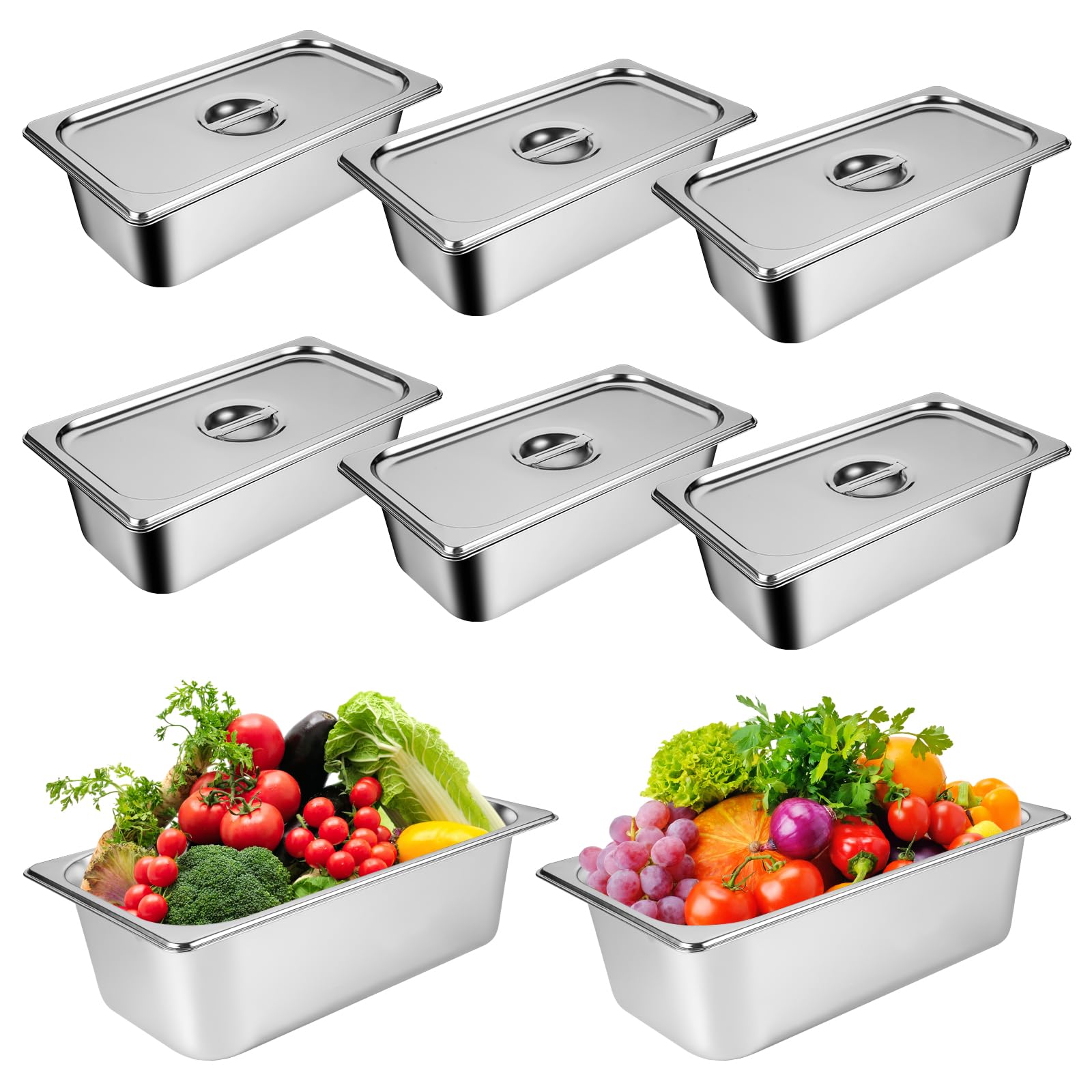 8 Packs Stainless Steel Hotel Pans with Lids 1/4 Size x 6" Deep Steam Table Pan Commercial Food Storage Containers Stackable Metal Steamer Pan Anti-Jam Hotel Pan Restaurant Warm Pans